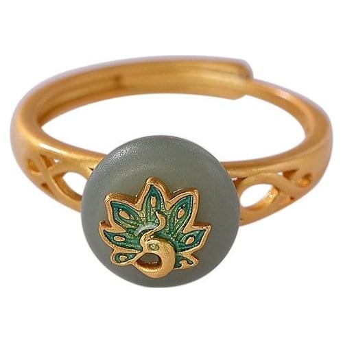 925 sterling silver gold plated Hetian jade Smokey Violet Qiemo blue ring vintage Phoenix peace buckle ladies ring