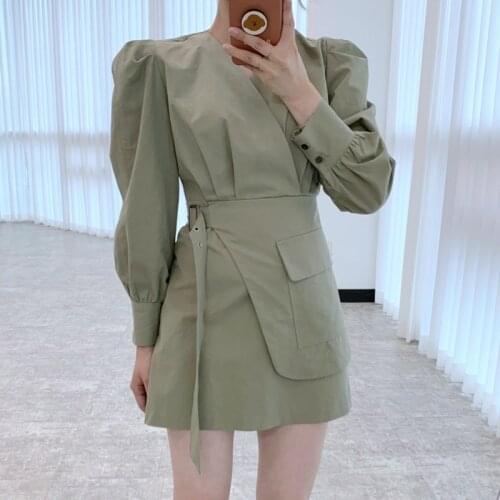 Korean Chic 2021 Early Autumn Loose Casual V-Neck Solid Color Criss-cross Puff Sleeve Minimalist Lace Up A-Line Dress Female