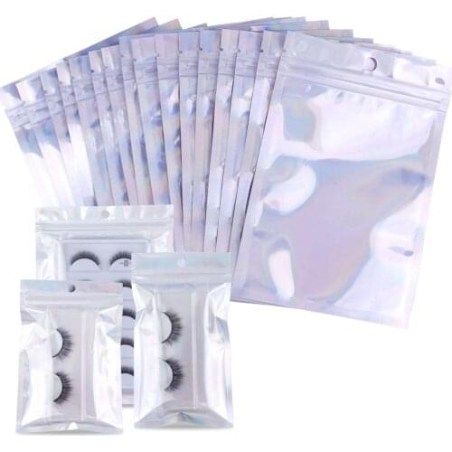 10/20/30/40pcs Wholesale Rainbow Holographic Eyelash Packaging Zipper Bag Ziplock Pouch DIY Party Gift Bags Lashes Packaging Box