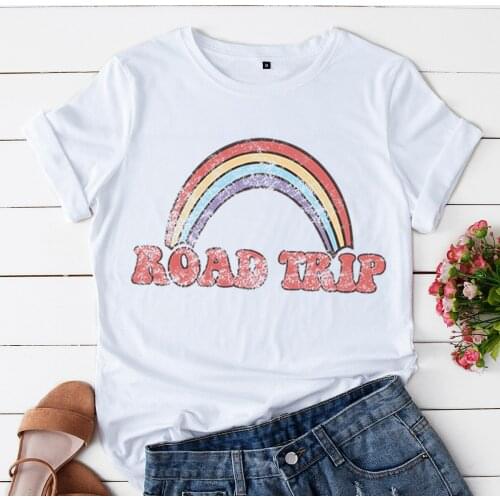 100% Cotton Sweat-absorbing breathable Women Rainbow Print T Shirts Base O-Neck Short Women Tshirt White Tee Funny girls Shirt
