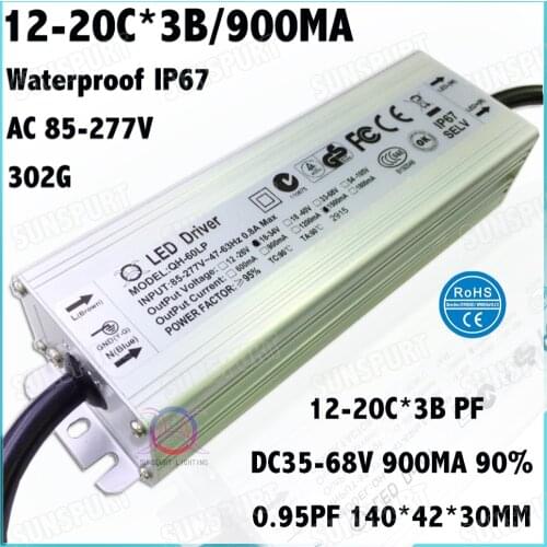 2Pcs Waterproof IP67 High PF 60W AC85-277V LED Driver 12-20Cx3B 900MA DC35-68V Constant Current For LED Spotlights Free Shipping