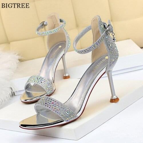 Ladies Summer High Heels Evening Sandals Women Wedding Crystal Shoes Buckle Open Toe Woman Black Sexy Party Shining Sandals 2021