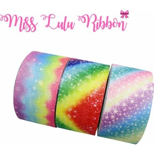 3"75mm Rainbow Waves Star Colorful Stripes Shiny Glitter Leather Fabric Ribbon DIY Gift Bowknots Hair Band Making 50yards/roll