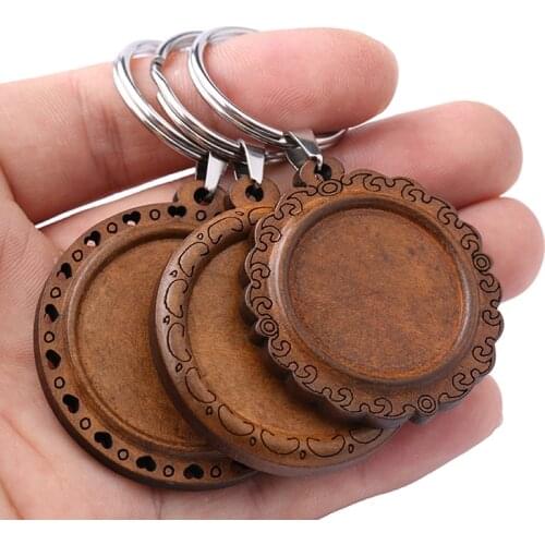 Reidgaller 5pcs fit 25mm 30mm round cabochon wood keychain base settings diy blank wooden trays for keychain keyring making