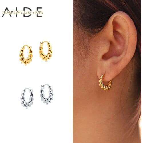 AIDE Minimalism 925 Sterling Silver Hoop Earrings for Women Wide Glossy Twist Pendientes Piercing Huggie Earrings Fine Jewelry