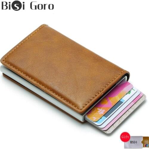 BISI GORO Men And Women Anti-theft FRID Business Credit Card Holder Metal Leather Single Box Slim ID Card Case Thin Card Purse