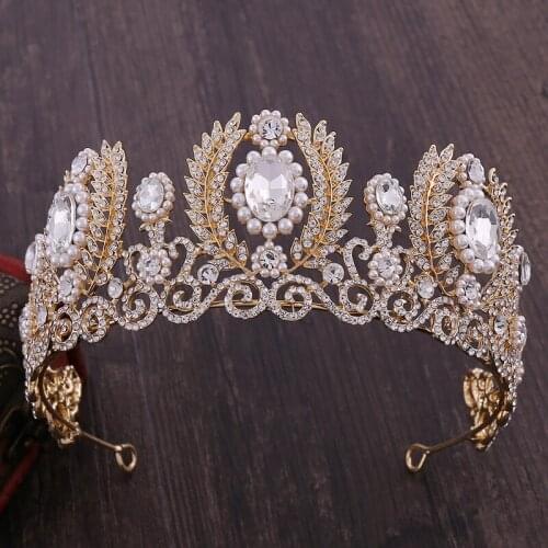 Large European Baroque Pearl Crystal Bride Tiara Rhinestone Queen Pageant Crown Vintage Wedding Hair Ornaments For Women