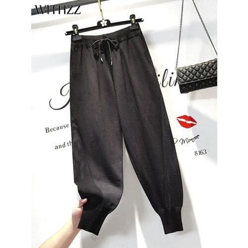 WITHZZ Women Spring Summer Fashion Hollow Out Knitted High Waist Trousers Female Loose Sports Casual Harem Pants