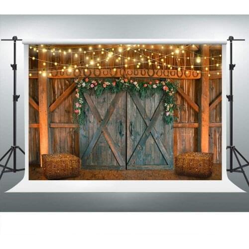 Rustic Barn Backdrop For Farm Theme Party Barn Door Hay Lights Rural Background Western Cowboy Photo Booth Studio Props