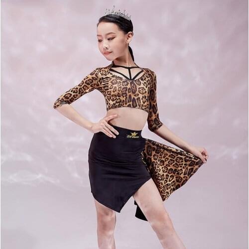 2021 Latin Dance Clothes For Kids Girls Dance Dress Leopard Tops Irregular Skirt Practice Suit Samba Performance Wear VDB3411