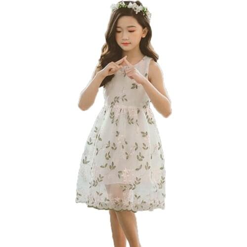 Kids Dress Girl Lace Flower Embroidery Princess Dress For Girls Sleeveless Girls Party Dress Summer Cute Teenage Girls Clothes