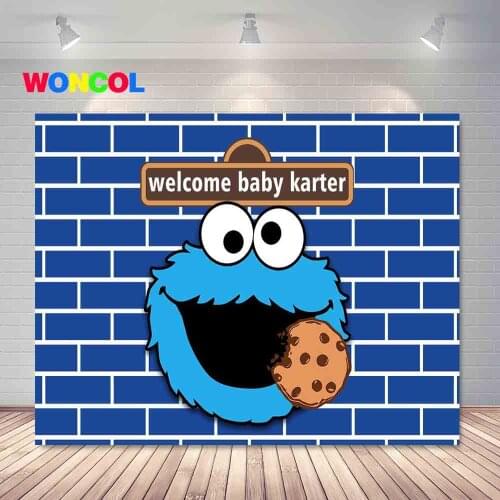 Woncol Cookie Monster Photography Backdrop Kids 1st Birthday Stone Brick Wall Photo Background Blue Vinyl Photo Booth Props