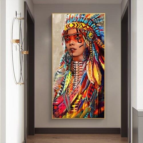 India Feathered Women Canvas Painting Colorful Canvas Posters Prints Wall Art Decoration Picture for Living Room Home Decor