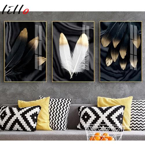 Modern black white feather canvas painting gold feather nordic wall art combined prints image for living room decor