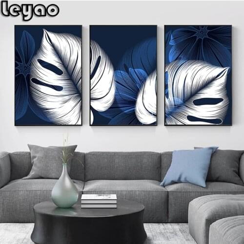 Abstract Blue White Plant Leaf 5d Diy Diamond Painting Kits Modern Home Decor Picture Wall Art Diamond Embroidery Triptych