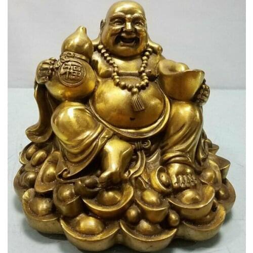 China Pure Bronze Wealth Money Happy Laugh Maitreya Buddha Gourd Statue