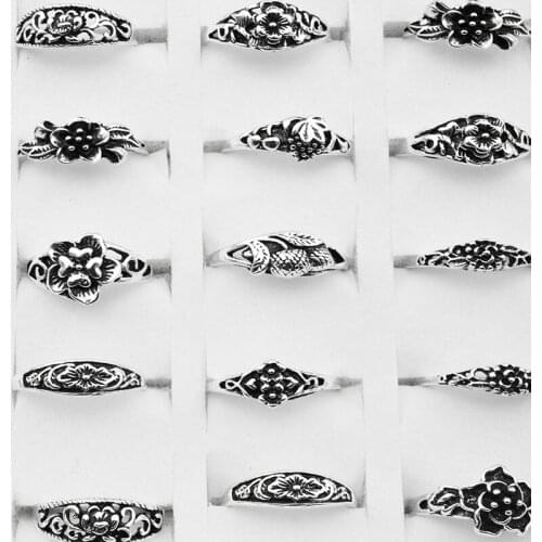 100 Pieces Antique Silver Color Rings Wholesale For Women Party Wedding Ring Flower Print Rings Fashion Jewelry Free Shipping