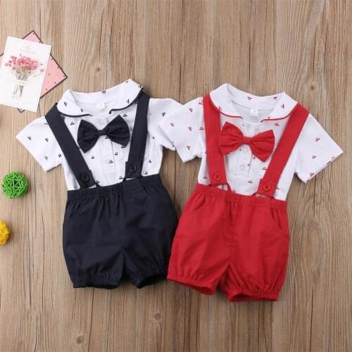Baby Boy Clothing Sets Sailboat Printed Short Sleeve Bodysuit + Overalls Pants 0-24M Newborn Infant Toddler Gentleman Outfit Set