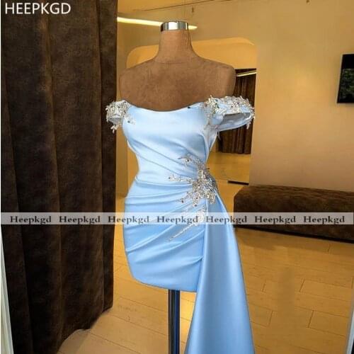 Short Baby Blue Prom Dresses Chic Beads Satin Off The Shoulder Sheath Sexy Black Girls Party Prom Gowns Custom Made