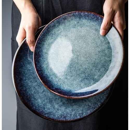 Creative Retro Large Plate Personalized Ceramic Plate Household Dim Sum Plate Rice Bowl Noodle Bowl Disc Shaped Tableware