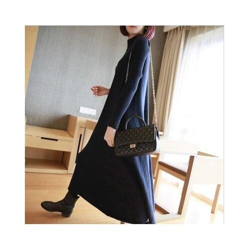 MLCRIYG Womens Autumn Winter Dress Vintage Black Elastic Dress Long Sleeve Loose knitted Sweaters Dresses Vestidos LX330