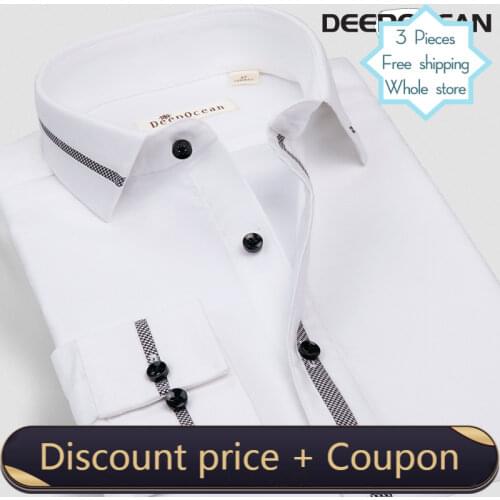 DEEPOCEAN British embroidery trim cotton white mens long-sleeved shirt business slim fit
