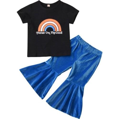 New Fashion fall/winter baby girls Clothes Ranbow print top bell-bottoms pants children clothes outfits set