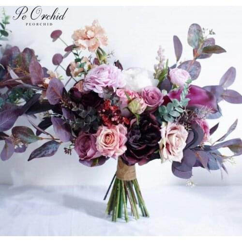 PEORCHID Elegant Bridal Bouquets Artificial Rose Plum Color Bridesmaid Bouquet Bride Holding Flowers Big Wedding Bouquet
