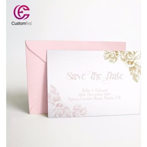 50pcs/lot Personalized Thank you card or save the date card with free envelop classic flower pink and gold 031