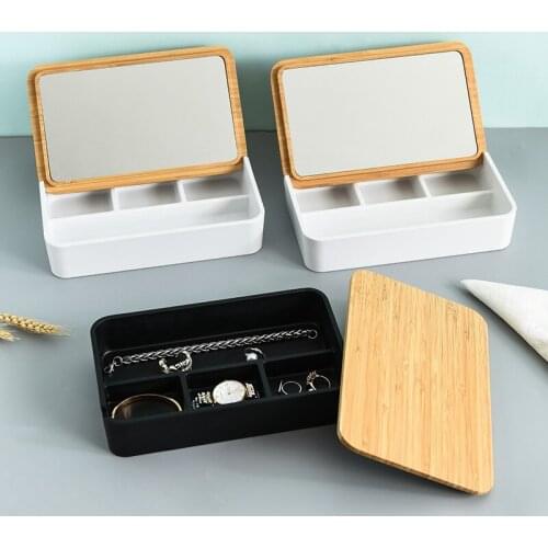 Plastic Jewelry Storage Box with Mirror Bamboo Cover for Earrings Rings Watches Necklaces Organizer Multi-grid Case Container