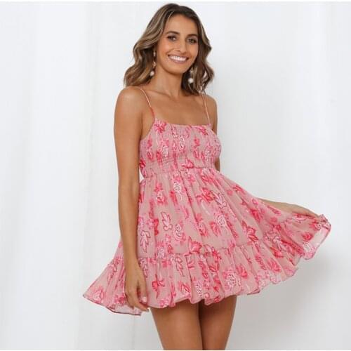 Foridol Sexy Backless Sheer Summer Boho Dress Adjustable Strap Short Boho Dress Sundress Beach Holiday Pink Floral Dress Vestido