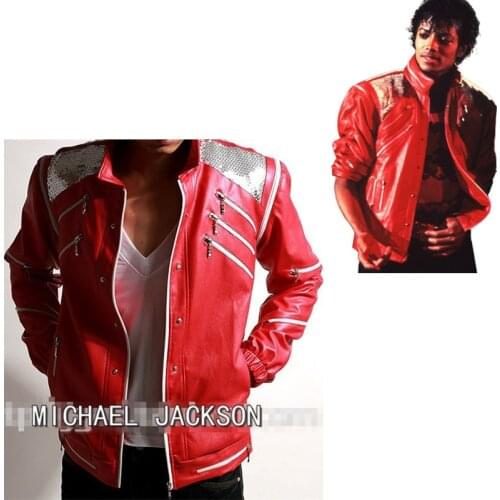 Rare PUNK Rock Motorcycle Classic MJ MICHAEL JACKSON Costume Beat it Red Zipper Jacket Fans Imitator Best Gift