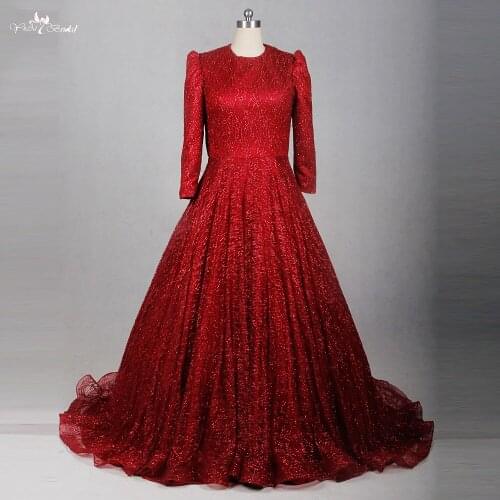 RSE783 Red Glitter Shine Sequin Long Sleeve Muslim Evening Dress