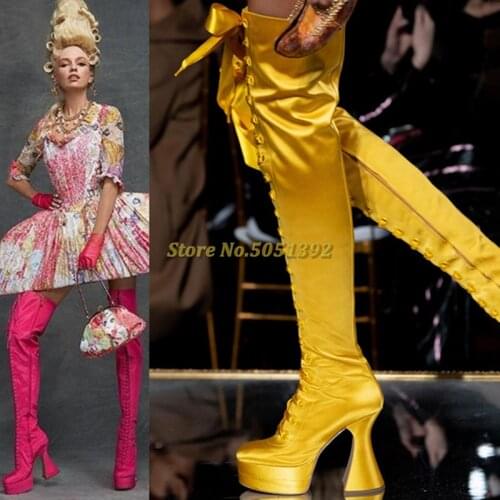 New Arrival Candy Color Runway Boots Over The Knee Lace Up Strange Style Heel Platform Velvet Boots Fashion Knight Boots