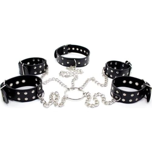 Adult Sex Game sex toys For Couples Collar+Handcuffs+foot PU Metal chain VP-CR003024A