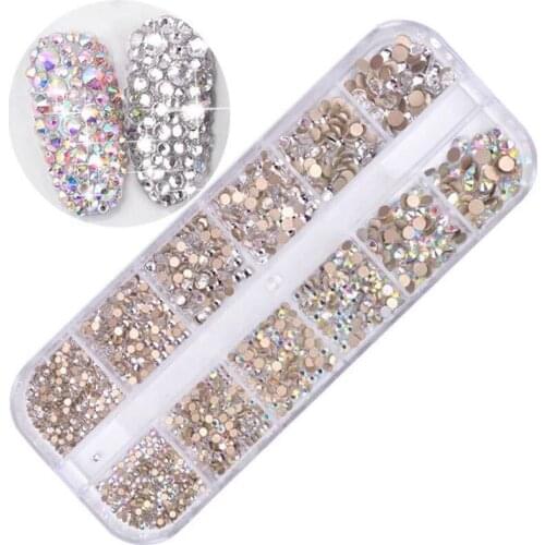 12 Grid 1440pcs AB Crystal Flat Back Rhinestone Diamond Gem 3D Glitter Nail Art Decoration for Nails Accessories