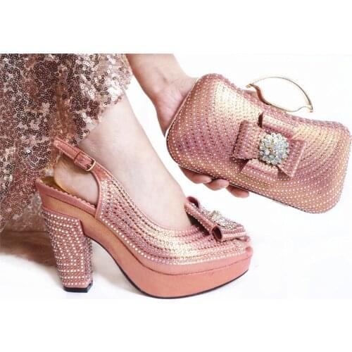 Wonderful peach women pumps with crystal flower style african dress shoes match handbag set GL1912-6,heel 10.5CM