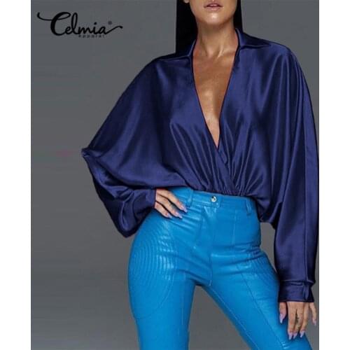 Women 2021 Fashion Satin Blouse Celmia Long Bat Sleeve Streetwear Blouses Sexy V-Neck Solid Tops Casual Loose Blusas