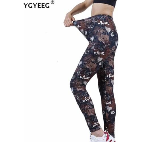 YGYEEG Women Leggings Fitness High Waist Push Up Coffee Letters Love Pattern Polyester Workout Casual Female S-XXL Ankle-Length