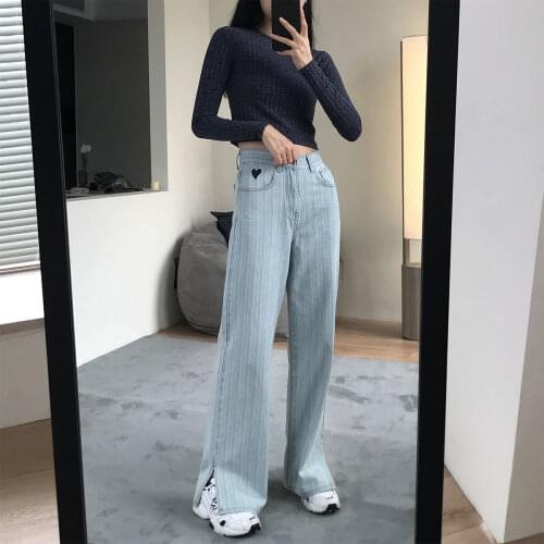Vertical Stripes Love Denim Straight Pants Women 2021 New High Waist Loose Slim Wide Leg Slit Long Pants