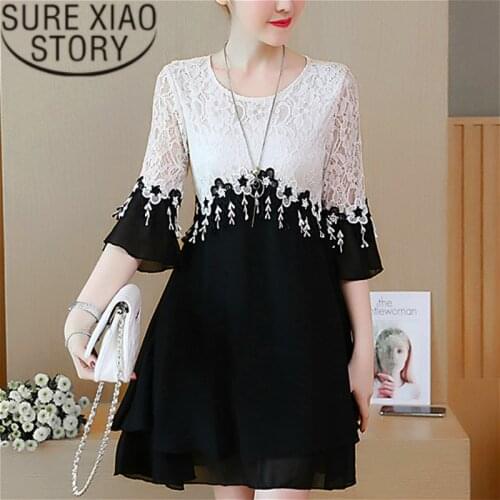 Dress Women 2021 Plus Size Dress Lace Office Lady A-Line Patchwork Three Quarter Tassel White Fashion Clothes Vestidos 2777