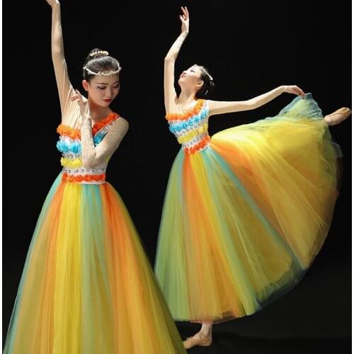 2021 mesh long-sleeved big swing dress for women solid dance dress ballroom dance long swing dress chiffon big wing dance dress