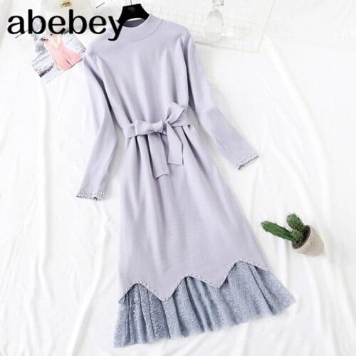 Women knitted Dress 2-piece set 2020 Autumn Winter Vintage Long sleeve Sweater pullover + Sweet Lace Skirt Sweater Suits