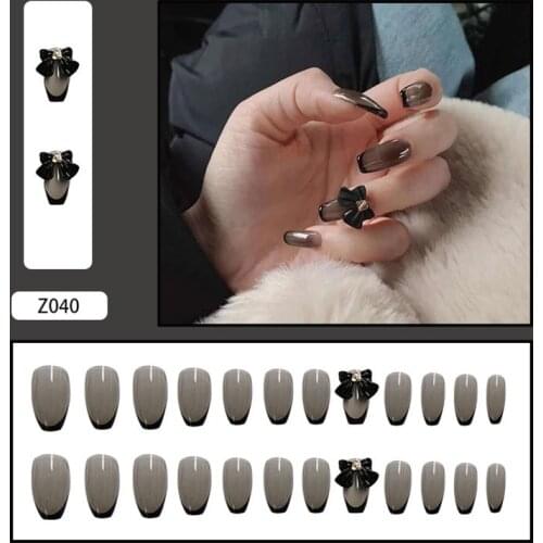 24Pcs/Set Black Fake Nails Long Coffin Removable Nail Sliders Simple 3D Bow Design Accessories Nails Supplies For Professionals