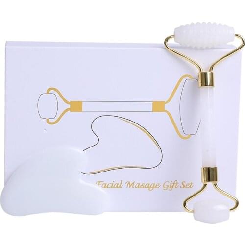 White Jade Face Massage Roller Gouache Scraper Set Natural Gouache Stone Gua Sha Scraper Facial Roller Massager Face Roller Box
