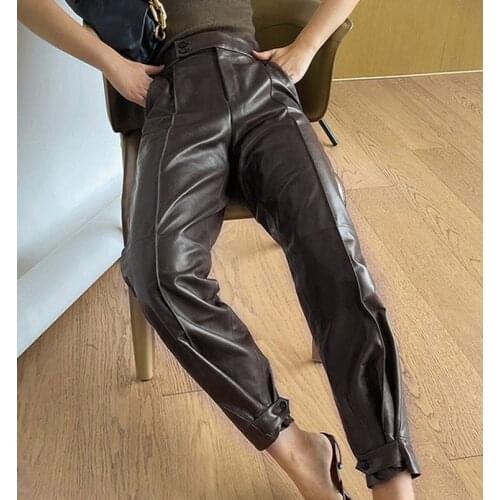 High Waisted Straight Leather Trousers Women Zipper-Up Casual PU Leather Cargo Pants Female Black Autumn Pants With Pockets