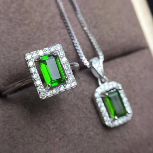 Natural diopside set, crystal clean, 925 silver, square gemstone, natural gem store