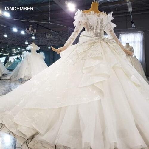 HTL2087 Sweetheart Ball-Gown Beaded Crystal Luxury Sequined Wedding Dress 2021 Lace Up Back Long Sleeve