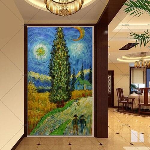 HandPainted Van Gogh Oil Painting Road With Cypress and Star Reproduction Oil Canvas Painting Wall Art For Living Room Decor