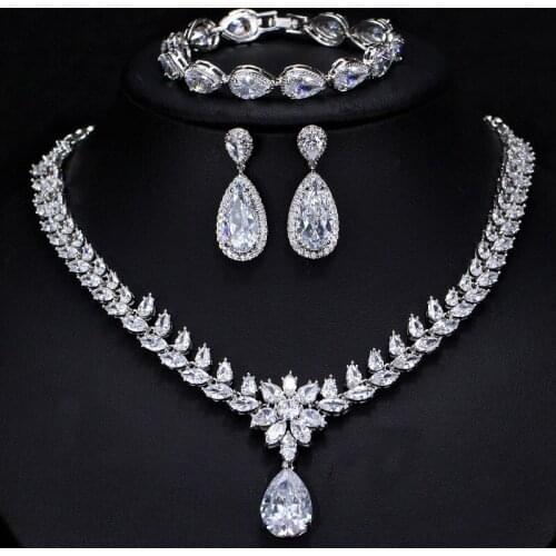 2021 new fashion vintage luxury crystal CZ zircon golden necklace earring bracelet wedding bride dressing jewelry set